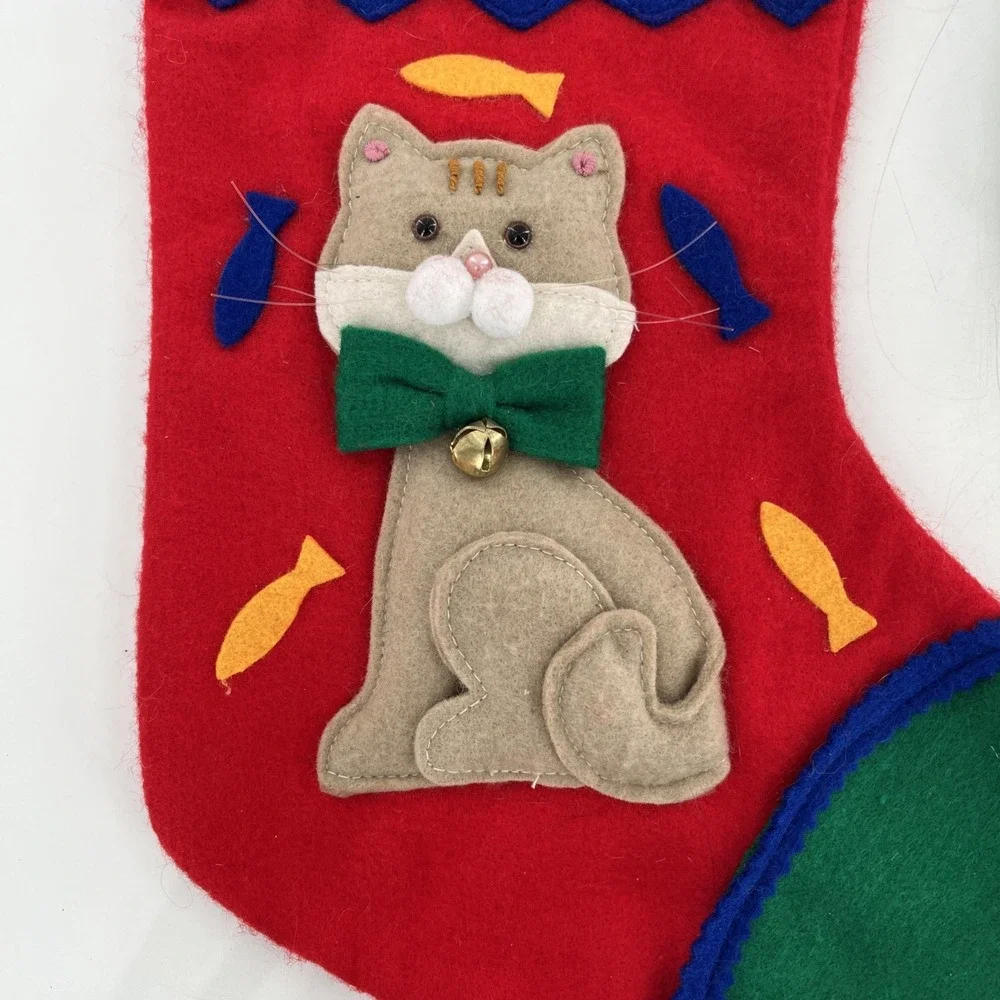 3 Set Vintage Felt Christmas Stockings 3D Plush Dog Puppy Cat Kitten Kitty 15.5
